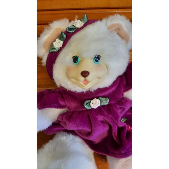 Vintage 1998 Fisher Price Stuffed Bear With Purple Dress with a flower - Picture 2 of 10